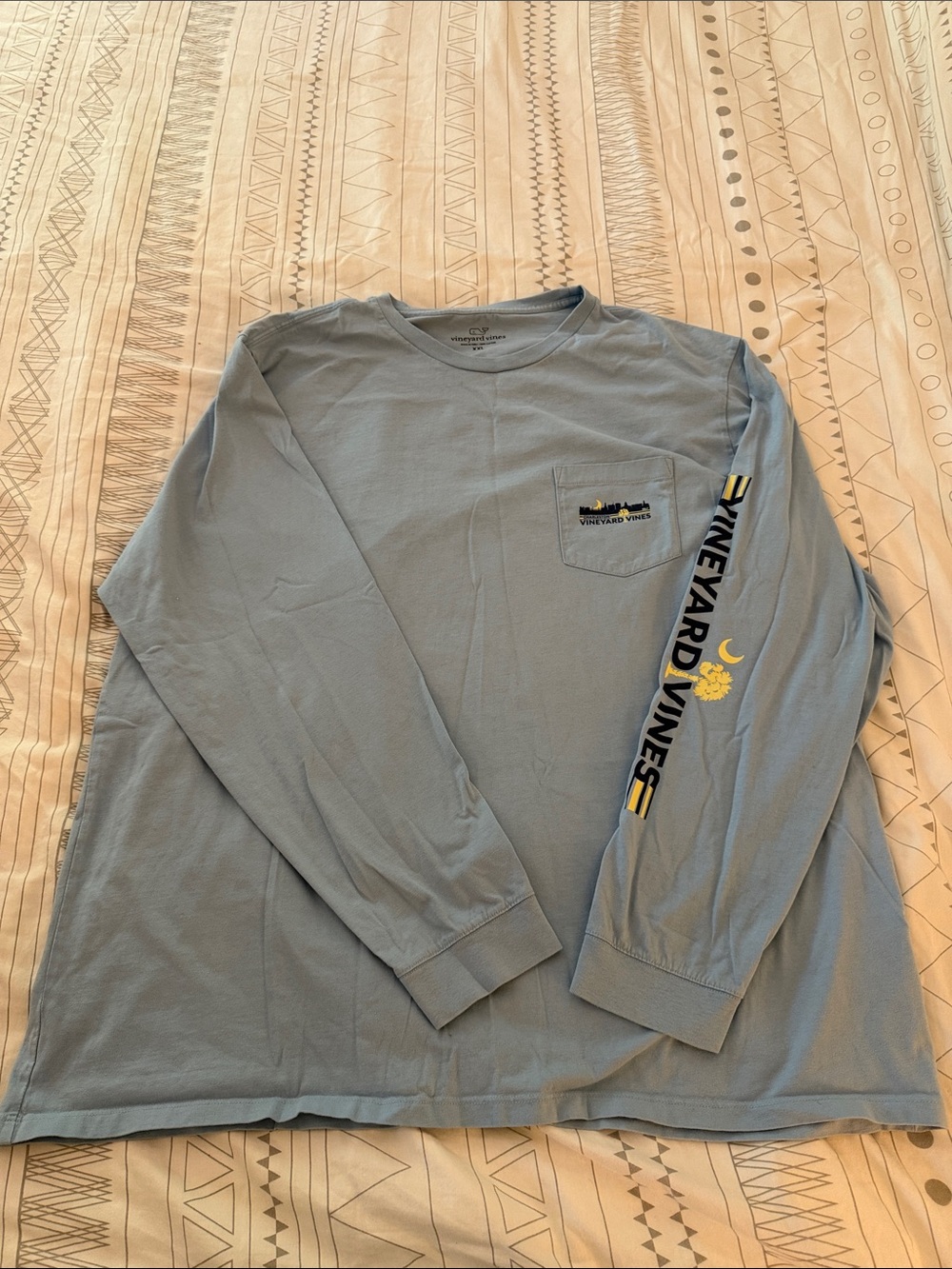 Vineyard Vines Light Blue Long-Sleeve Pocket Tee with Yellow Accents
